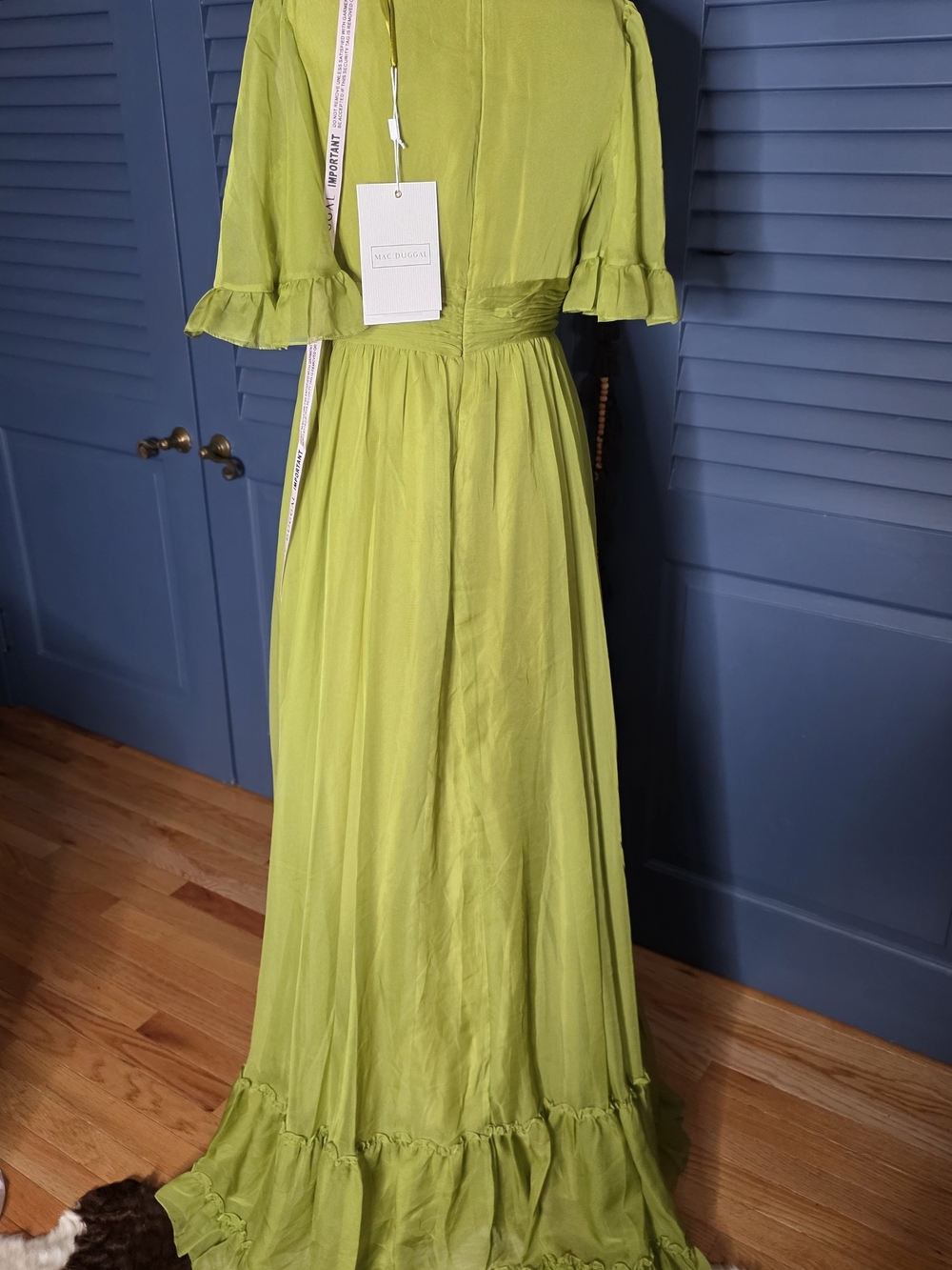 NWT Mac Duggal Chiffon Ruched Illusion Ruffle Gown Olive Chartreuse 8 - Picture 5 of 12